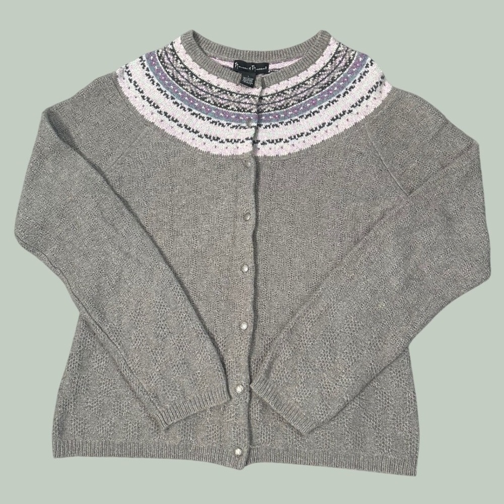 Mercer & Madison Grey Fair Isle Angora Blend Cardigan Sweater Womens Large L